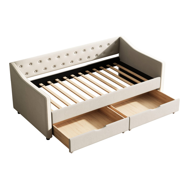 Beige Twin Daybed With Drawers, Upholstered And Bed, Waved Shape Arms Piping Design, Button - Decorated Back, Breathable Fabric Sponge Filled Cushions, Wood Frame For Bedroom, 500 Pound Capacity,