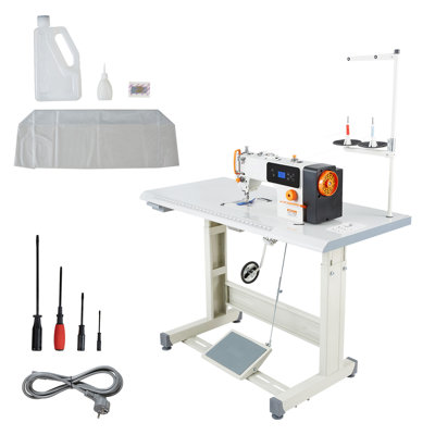 Industrial Sewing Machine, 550W Lockstitch Sewing Machine Set with Servo Motor and Table Stand, 5000 SPM High Speed, Auto Thread Trimmer, Metal Frame, LCD Panel, LED Light, Denim, Designed for Cotton
