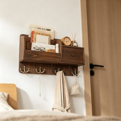 Porte-clés mural avec crochets, organisateur de courrier de style ferme avec tiroir, tablette de rangement d'entrée avec patères, porte-clés mural rustique en bois, organisateur de porte pour la maison