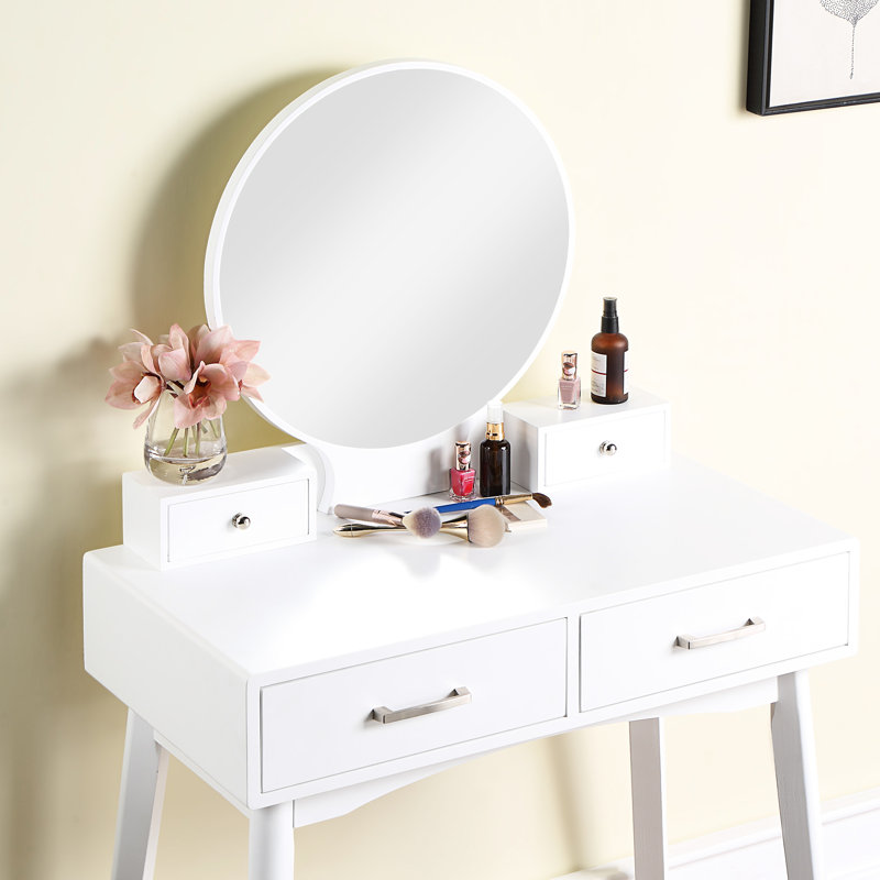 Contemporary White Wood Vanity Stool - Solid Frame, Drawer Storage, 31.5"W X 15.75"D Table Top, 51.41"H And Ensemble, Body, Metal Glide, 16.89"W 12.6"D 17.52"H