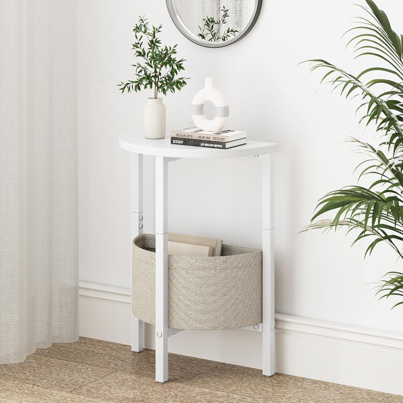 Table d'appoint, petite table de bout ronde avec panier en tissu, ensemble de 2 tables d'appoint demi-rondes demi-lune, table basse d'appoint ronde, table de chevet pour table basse pour salon, petit espace