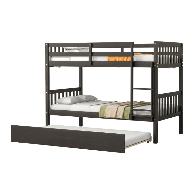 Lit superposé en bois d'hévéa avec échelle et rails de sécurité, comprenant un lit escamotable qui peut être converti en deux lits simples