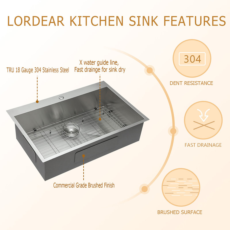 Topmount Single Bowl Drop-In Kitchen Sink with Accessories, 33" L x 22" W 
