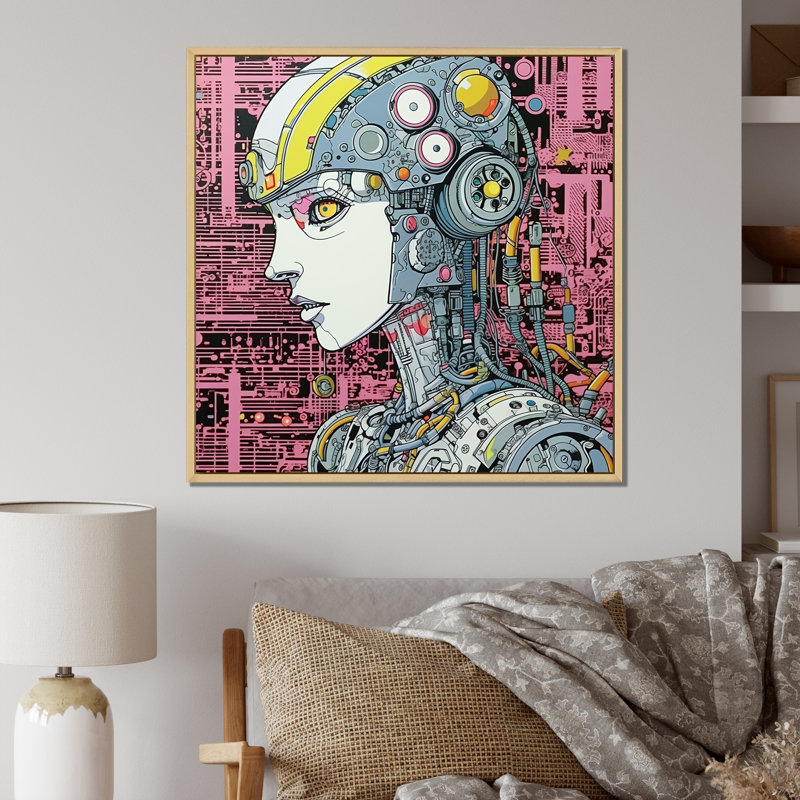 Illustration charmante de charmants Robots amoureux - reproduction sur toile, Cadre flottant brun, H 16 po x l 16 po x P 1 po