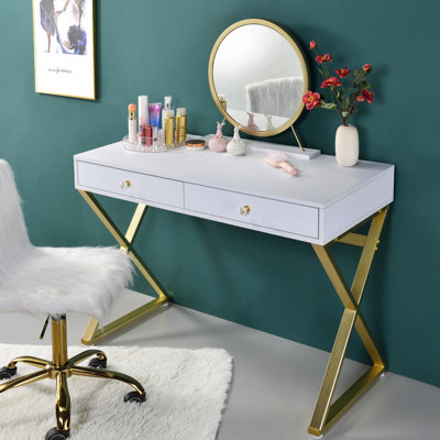 Rectangular White And Gold Vanity Desk With Included Mirror Jewelry Tray, Metal Frame, 2 Drawers For Bedroom Storage Needs Cosmetics More
