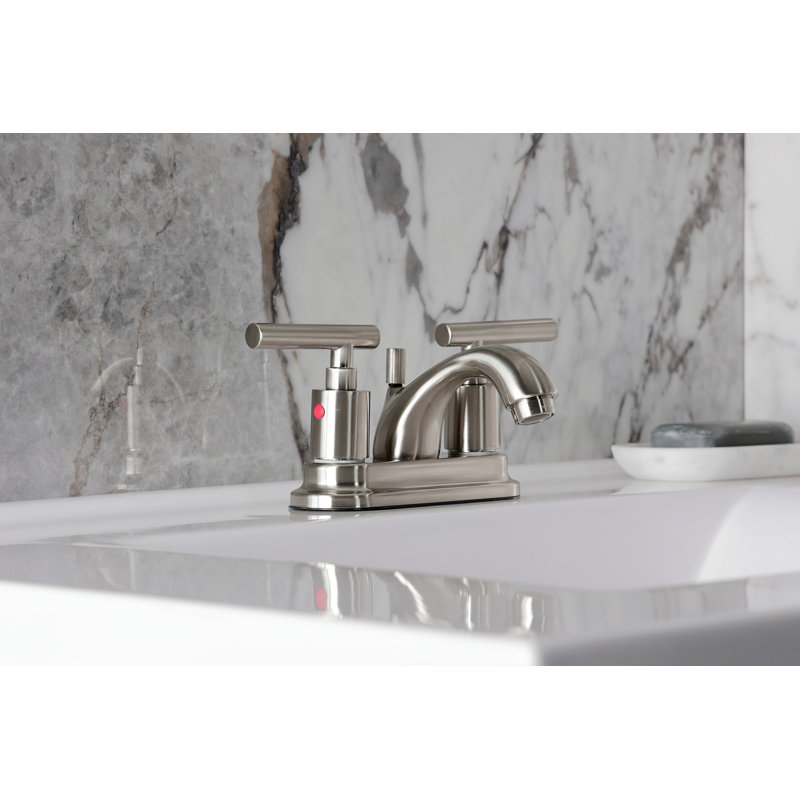 Kingston Brass Manhattan Two-Handle 3-Hole Deck Mount 4" Centerset Bathroom Faucet with Pop-Up Drain, Brushed Nickel