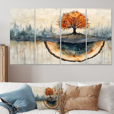 Arbre d'automne sur une glissade en bois, paysage - art mural arbre de vie - ensemble de 4 décorations murales traditionnelles