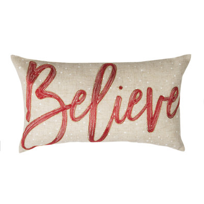 Believe Embroidered Christmas Pillow, 12 By 20-Inch