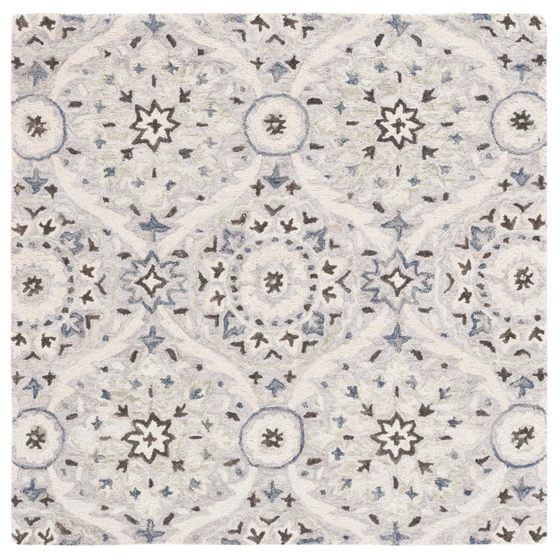 Hand Tufted Wool/Cotton Damask Rug in Gray/Beige, Square 5'