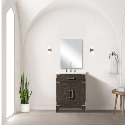 24 po De salle de bain en chêne brun, avec comptoir en acrylique, miroir, meuble-lavabo simple en chêne, comptoir,