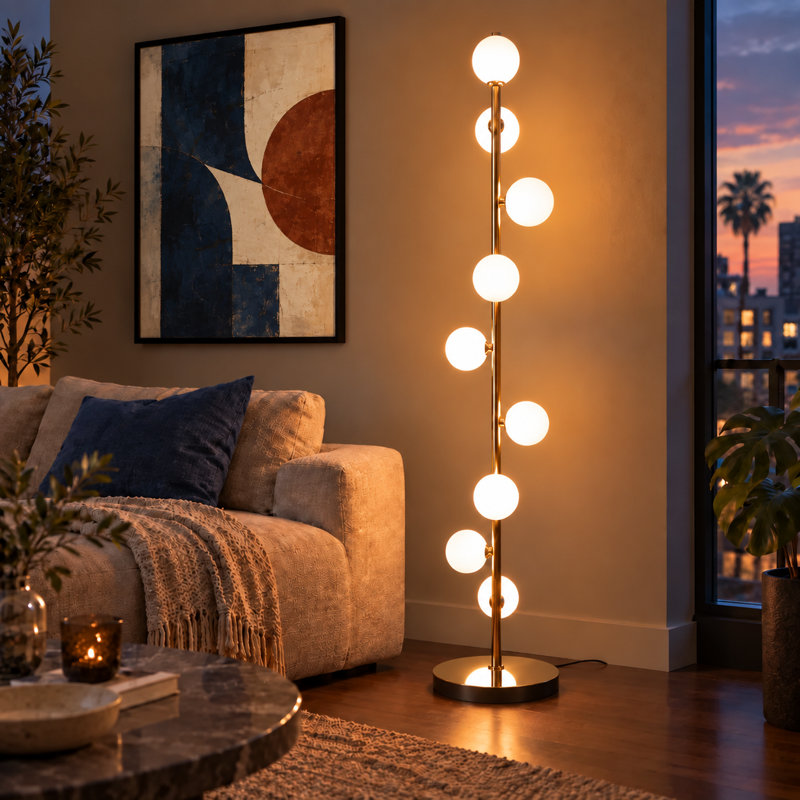 Pearl Floor Lamp with Glass Pearl Domes | Modern Zig Zag LED G9 Light in Gold Finish, Gold