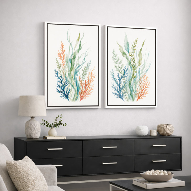 Seaweed Coral Botanical Art, Bathings, H 24 po x l 32 po x P 1,5 po, White Frame