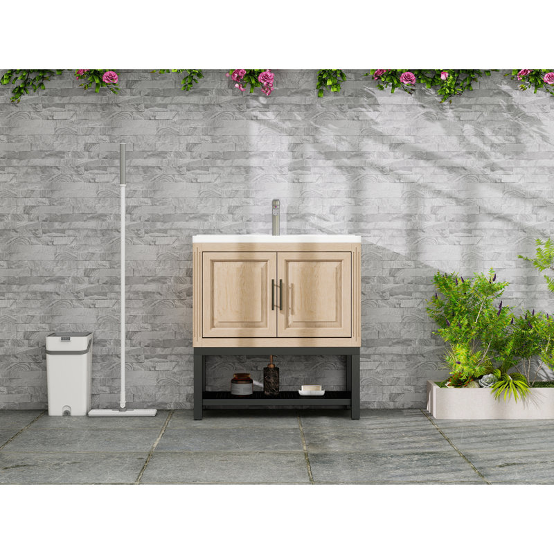 Meuble-lavabo de 32 pouces avec lavabo en céramique lisse, robinet texturé, 2 portes et un grand espace de rangement, armoire de rangement en métal blanc de haute qualité