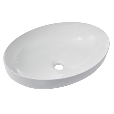 Vasque ovale en céramique à bords fins – 50 x 36 cm (19,69 x 14,17 pouces) – Vasque moderne en porcelaine blanche – Finition brillante à poser – Design artistique – Sans trou pré-percé pour robinetterie