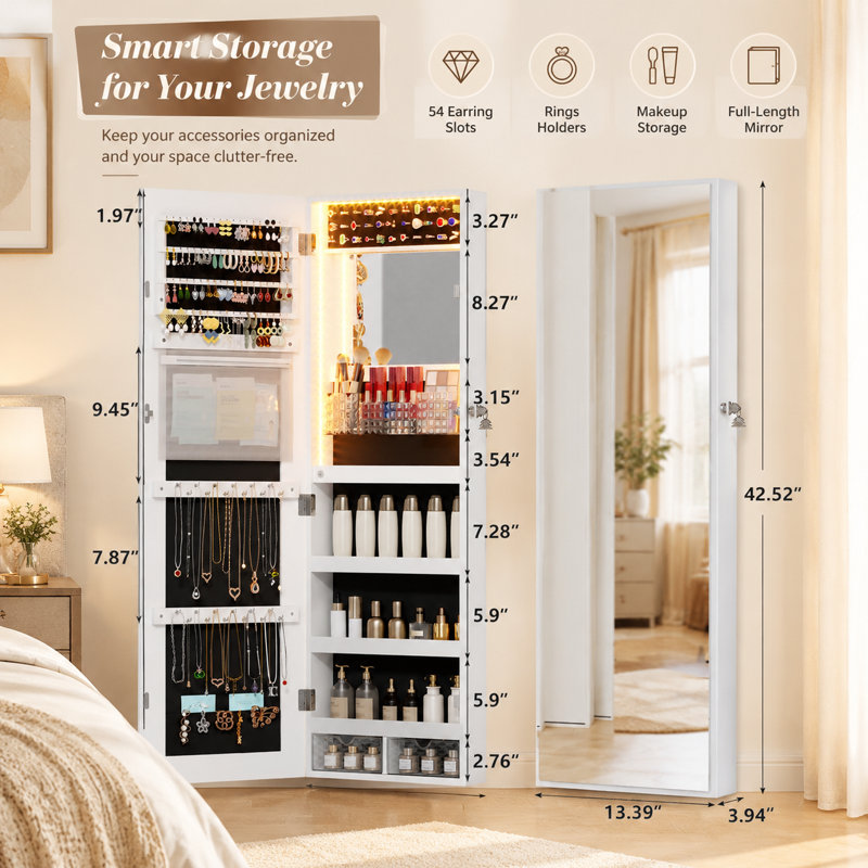 Armoire à bijoux à miroir, organisateur de bijoux mural