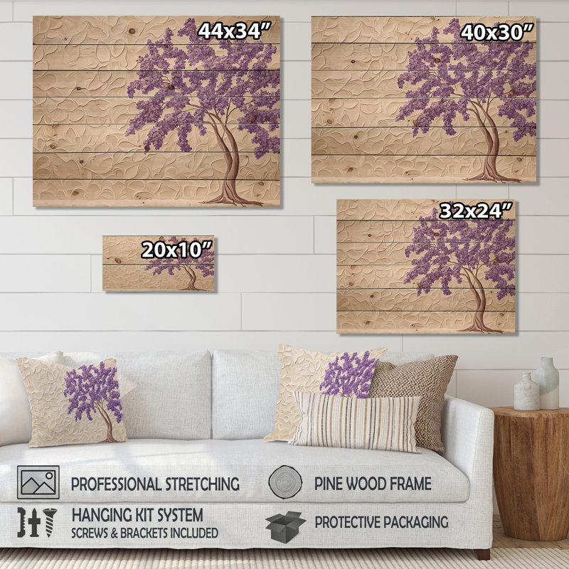 Mauve Jacaranda Tree Dreams II - Paysage moderne, impression sur bois mauve sur bois de pin naturel