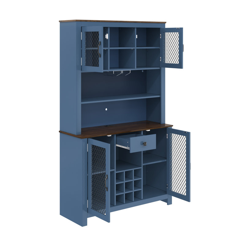 Armoire de cuisine 70,9 po bleu marine avec lumières DEL et prises de courant, buffet de style campagnard avec support à vin et porte-verre