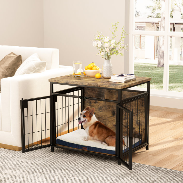 Furniture Style Dog Crate, Wooden Dog Kennel Dog House With 3 Lockable  Doors And Adjustable Foot Pads, Decorative Iron Mesh Pet Crate End Table  For