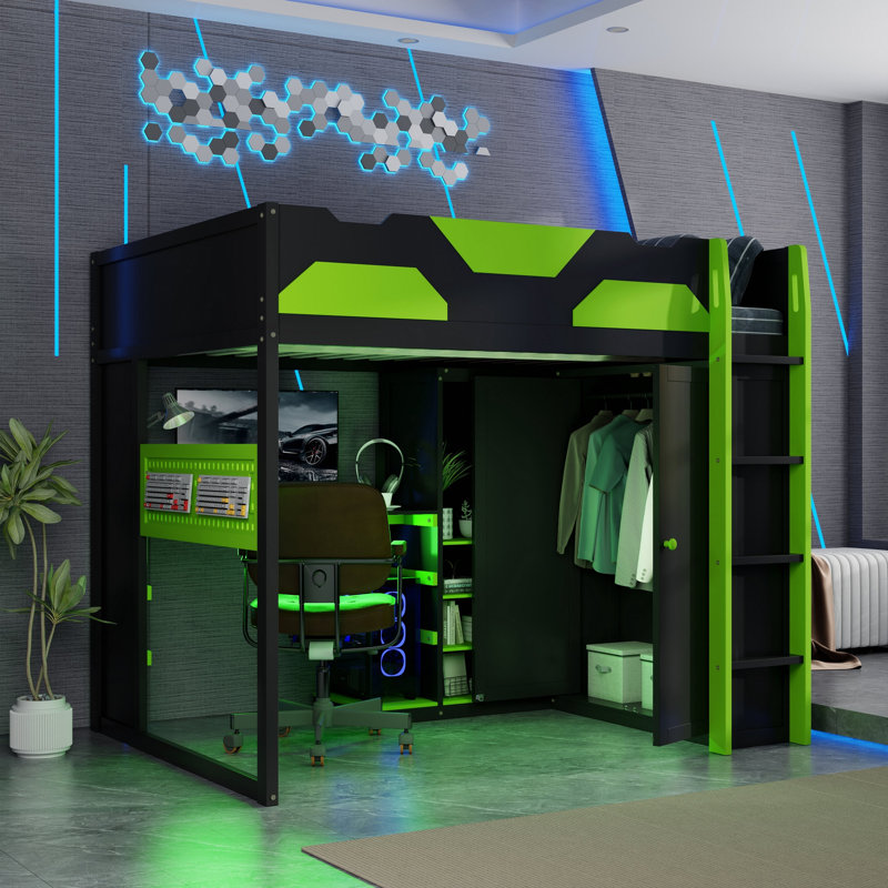 Lit mezzanine double en bois avec bureau, tablettes multiples, USB et lumière RVB, vert, Green