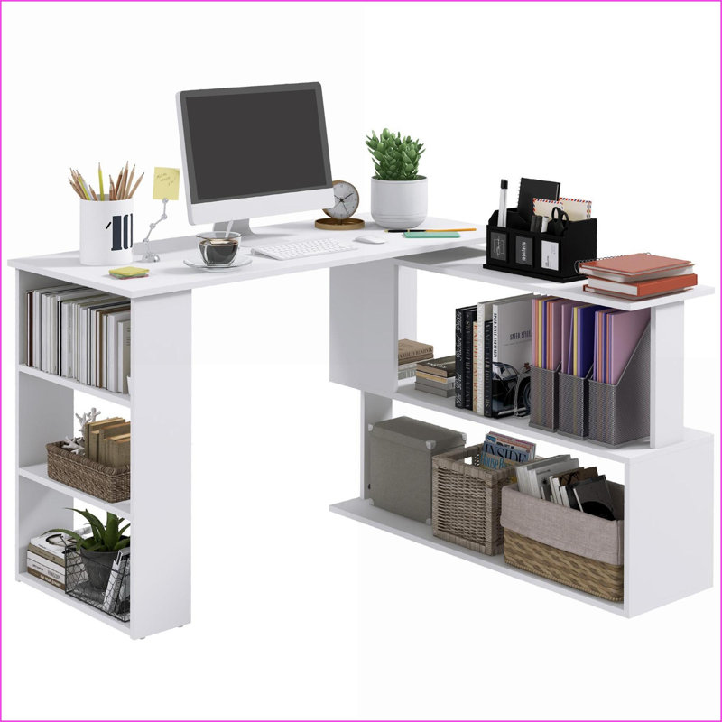 Bureaux, bureau d'angle moderne en forme de L avec une rotation de 360 ° Tablettes de rangement | Blanc | Bois d'ingénierie