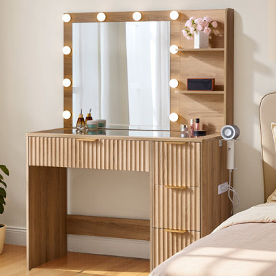 92cm W Modern Dressing Table with 4 Drawers, 3-Colour LED Mirror & Built-In Power