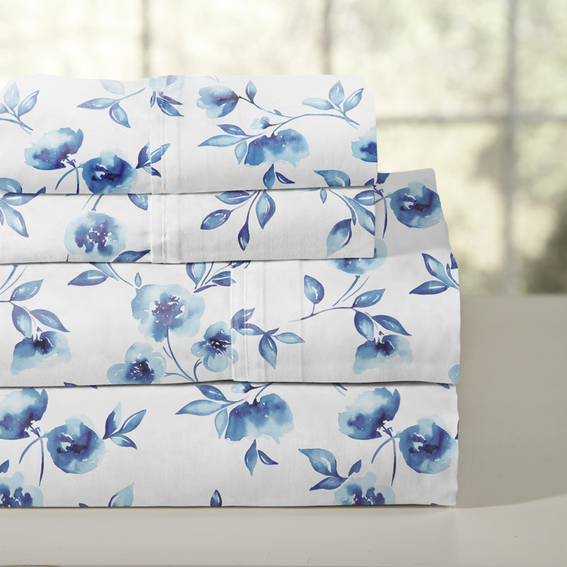 Ensemble de draps en percale de coton 4 pièces Pointehaven, Ensemble de draps pour lit double, Pétales d'eau - blanc