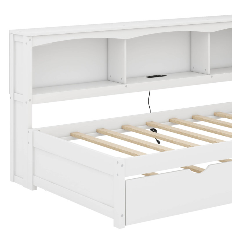 Lit de jour simple avec armoires de rangement, lit gigogne et ports USB, Blanc