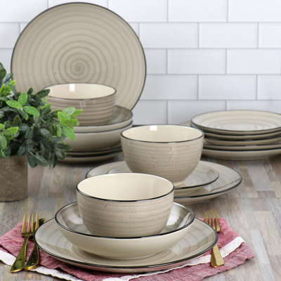 24-piece Stoneware Dinnerware Set, Hand-painted Round Plates & Bowls