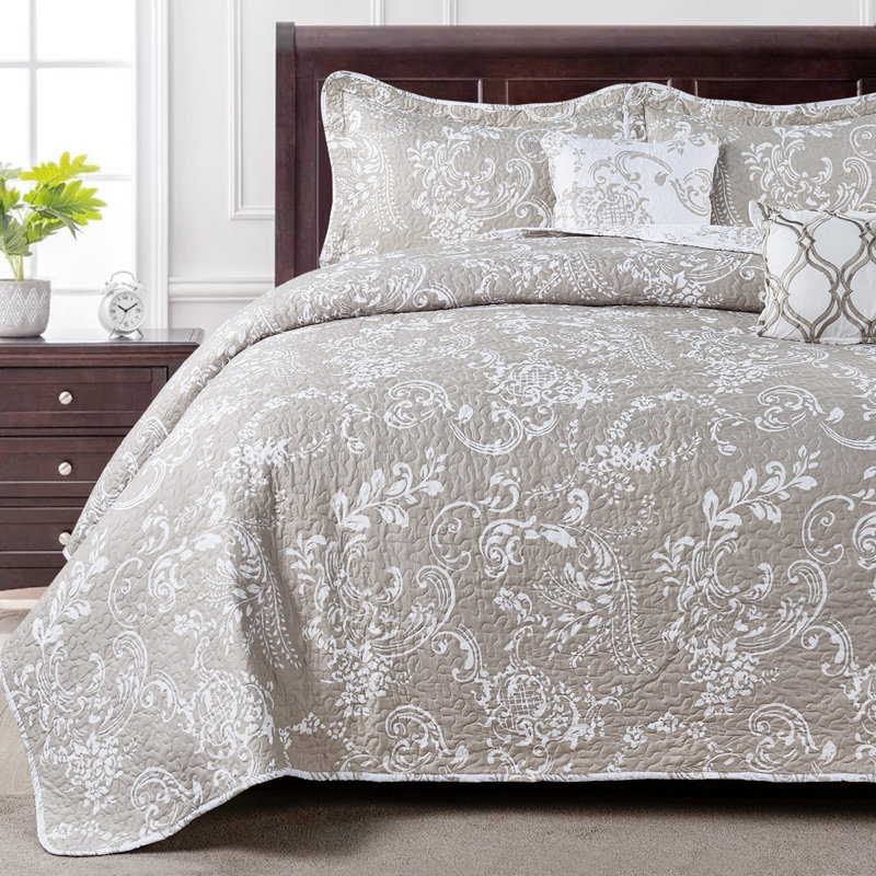 Microfiber Floral Quilt with Pillow Shams, Oversize King Quilt + 4 Additional Pieces, Taupe