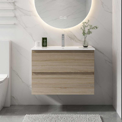 Wall-Mounted Bathroom Vanity With Ceramic Sink, Cabinet With 2-Soft Close Drawers