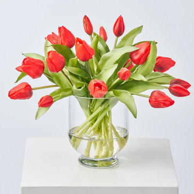 Real Touch Lifelike Red Tulip Blooms in Footed Urn Vase Spring Faux Floral Water Illusion Arrangement