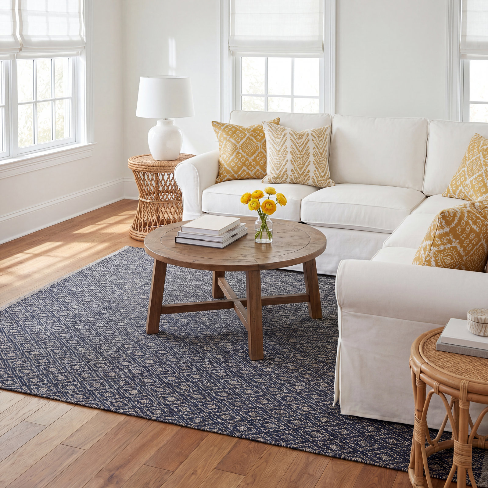 Optic Diamond Navy/Ivory Handwoven Cotton Rug, Rectangle 4' x 6'