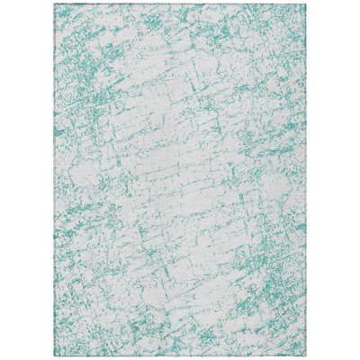 3' X 5' Teal Blue And Ivory Abstract Washable Indoor Outdoor Area Rug