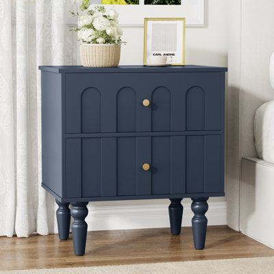 19.6'' Wide Arched Panel 2-Drawer Nightstand with Brass Knobs – Solid Wood Turned-Leg Bedside Table, Modern Traditional Bedroom Storage,1Pcs&Blue