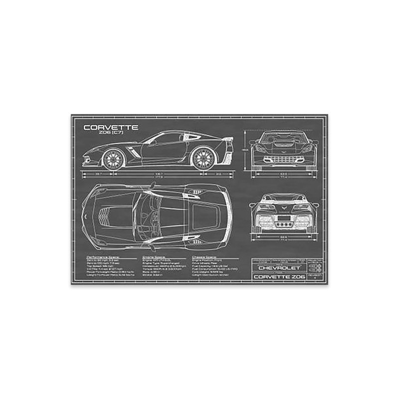 Corvette (C7) Z06, impression de plan sur verre acrylique, Noir / blanc, H 16 po x l 24 po x P 0,25 po