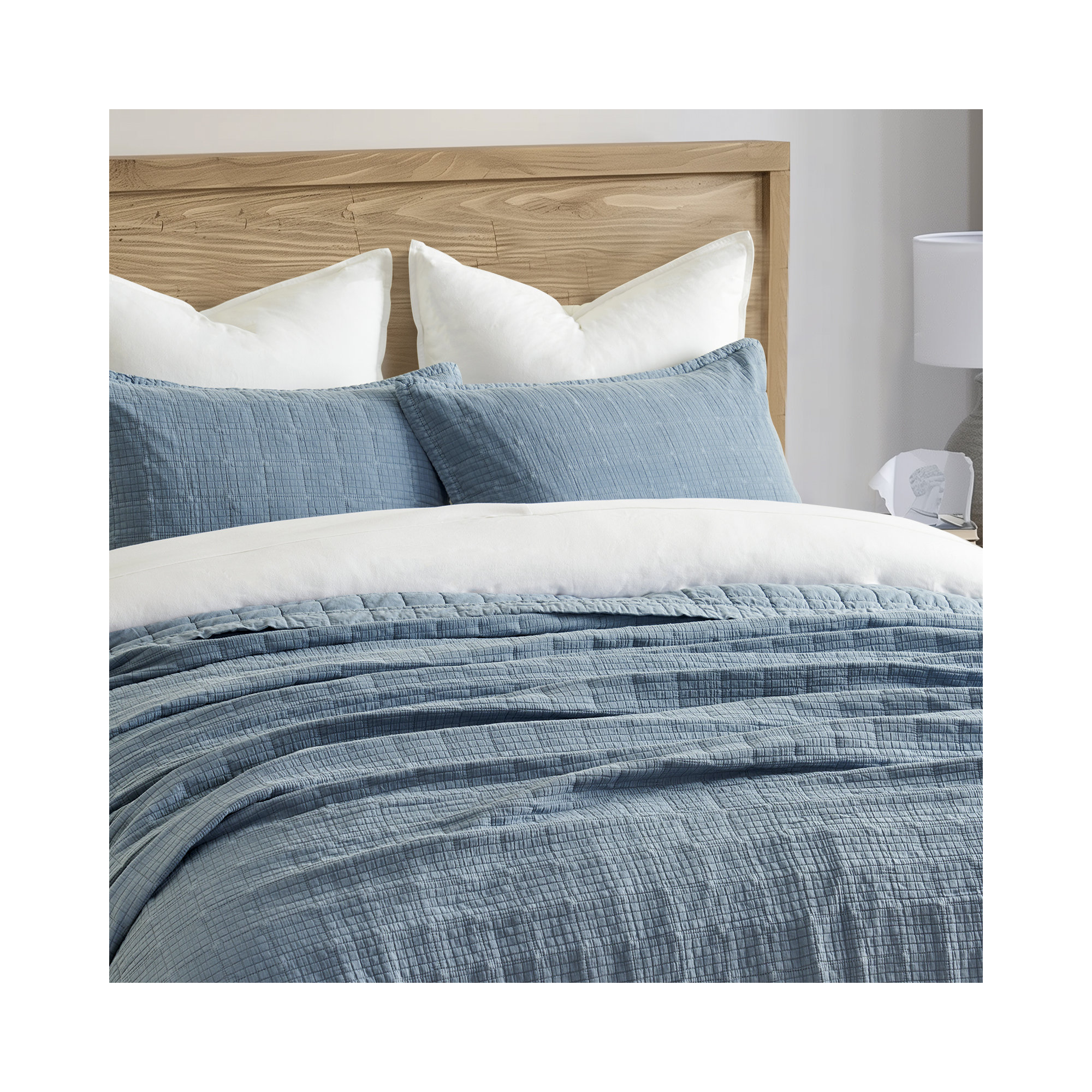 Stonewashed Crinkle Cotton Box Stitch Quilt Set, Sonoma Blue, King Quilt + 2 King Shams