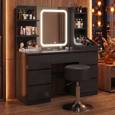 110Cm Desktop Grey Dressing Table 3 Colorful Light Makeup Vanity Table With Stool