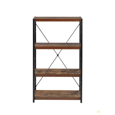 Bibliothèque rectangulaire à 3 compartiments: design KD, plateaux patinés, pieds en métal avec support en X