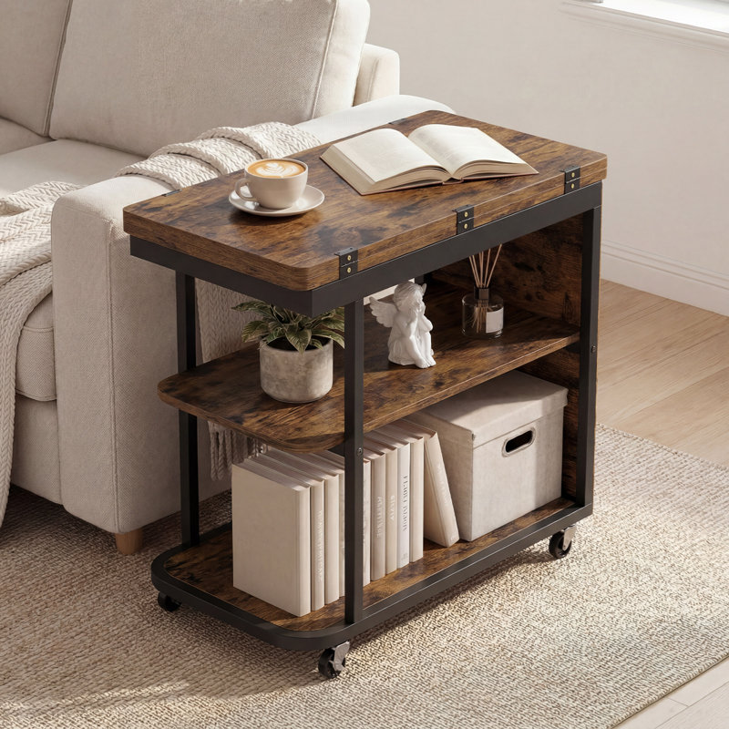 Table de chevet 2 pièces, table de chevet mobile avec plateau pivotant pliable, tablette à 2 niveaux brun rustique et noir, 2