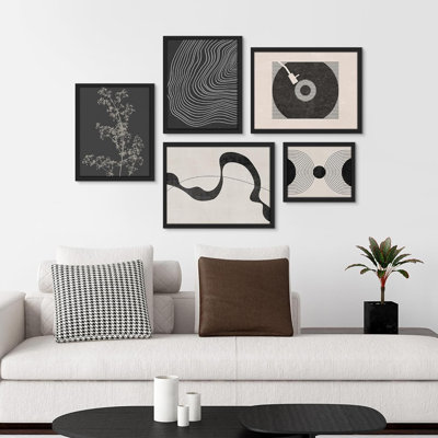 Graffiti Black Stroke Collage Abstract Shapes, art numérique moderne encadré sur papier, impression de 5 pièces
