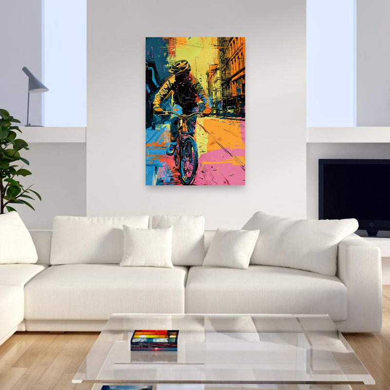 «Vibrant City Cyclist Contemporary Mountain Architecture», reproduction d'art murale, H 48 po x l 32 po