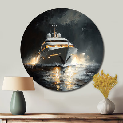 Yacht Boat Success Energy II - Modern Yellow Metal Wall Art, Boat Print On Metal Circle