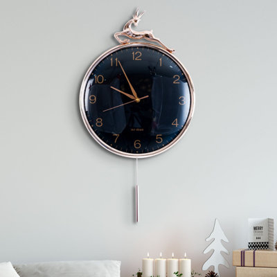 Grande horloge à pendule avec cadran noir, horloge à pendule ronde, horloge murale ronde, grande horloge décorative, 60 cm de haut, horloge murale minimaliste avec cerf amovible magnétique, décoration murale, décoration intérieure, pour la maison o