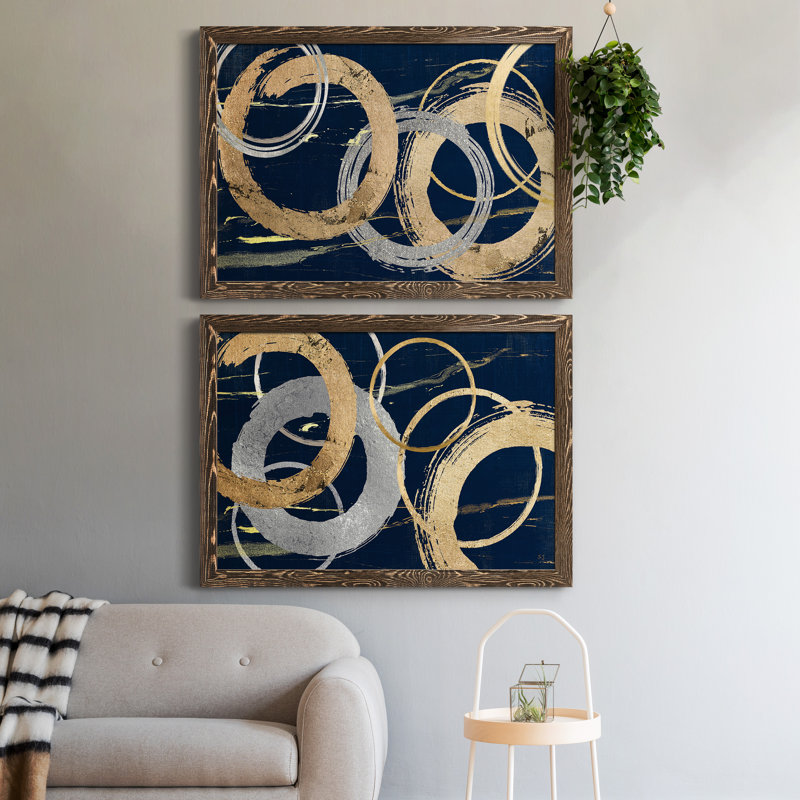 «Gold and Silver Atmosphere I», ensemble de 2 peintures sur toile encadrées, Encadré de bois de noyer