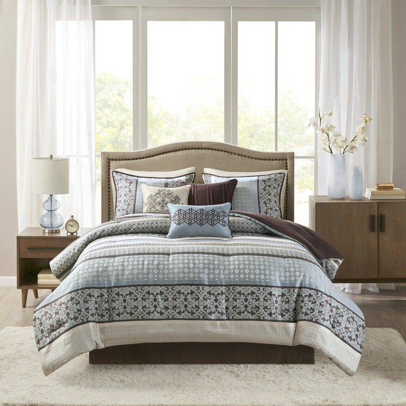 Ensemble édredon en jacquard réversible de sept articles Princeton, Bleu, Édredon de grande taille et 6 pièces supplément