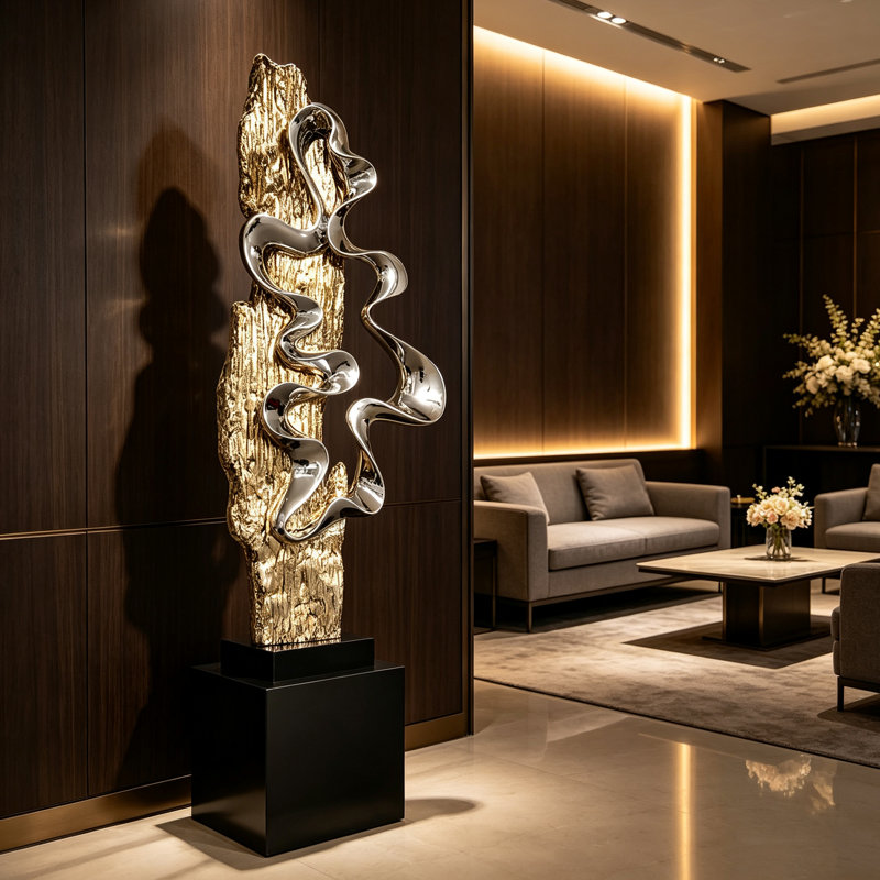 69,29 "H, sculpture de plancher abstraite et dorée de luxe, grand art décoratif pour les salons, les entrées et les espaces de meubles télé