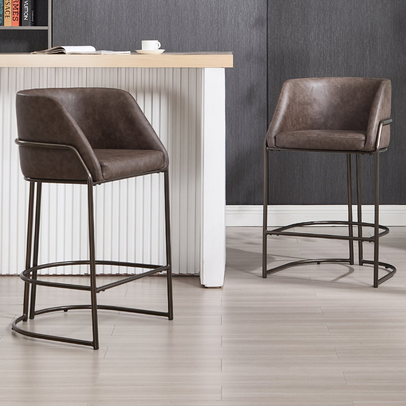 26'' Modern Upholstered Faux Leather Counter Stool With Metal Frame,Arms,Footrest,Backrest, Brown Seat / Tan Frame