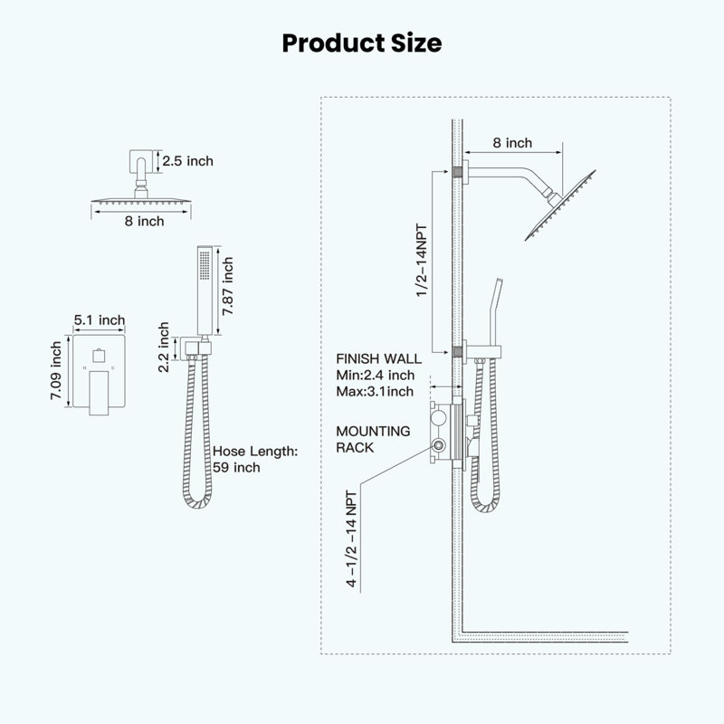 Rainfall Bathroom Shower System & Complete Combo, Wall Mounted - Solid Brass Pressure Balancing Valve, 8 Inch Rain Shower Head & Handle