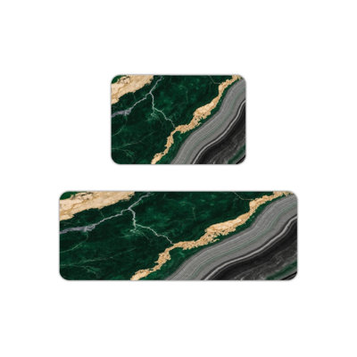 Green and Gold Marble Kitchen Rugs, Floor Mats for Home Decor, Mats for Kitchen & Bathroom 2-Piece Set