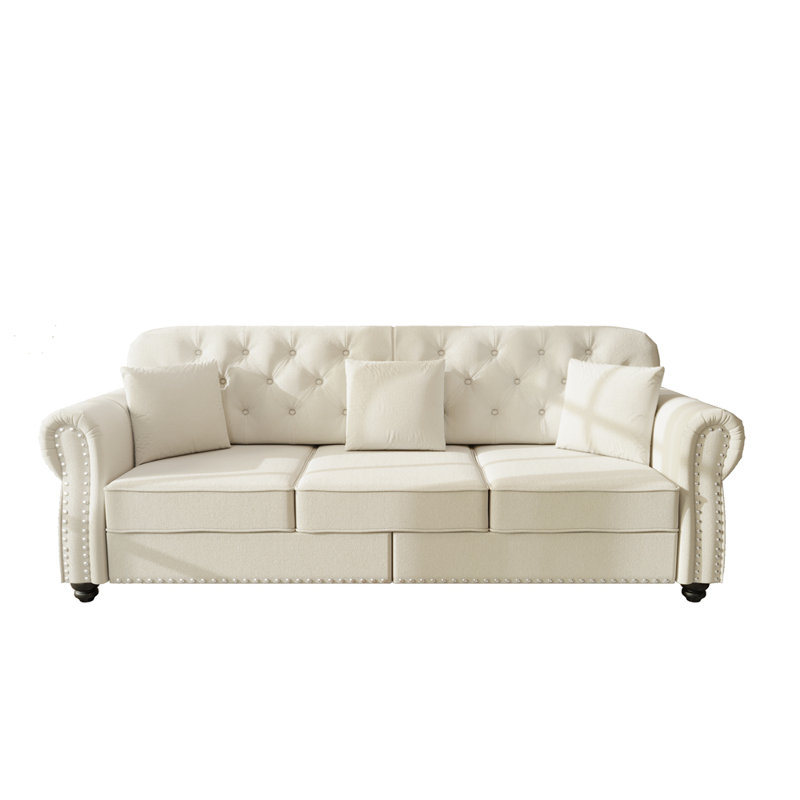Canapé Chesterfield 82,6 po rembourré en velours avec garniture cloutée et accoudoirs roulés, canapé de style Mid-Century moderne capitonné avec boutons